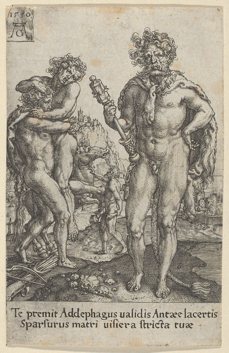 Hercules Squeezing Antaeus to Death, from "The Labors of Hercules", Heinrich Aldegrever (German, Paderborn ca. 1502–1555/1561 Soest), Engraving 