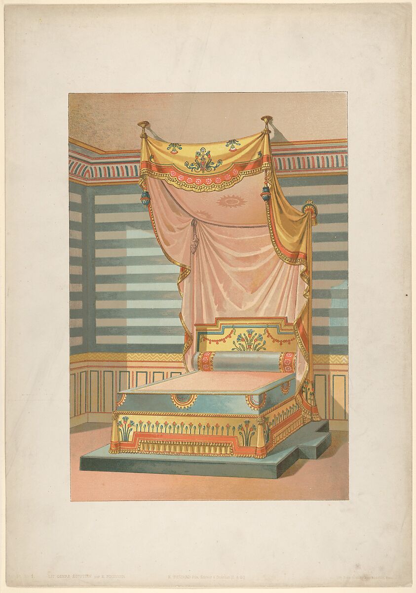 Bed in Egyptian Style, from 'Nouveaux modèles de Tentures (Bibliothèque de l'Ameublement)', Ernest Foussier (French, 1859–1917), Color lithograph 