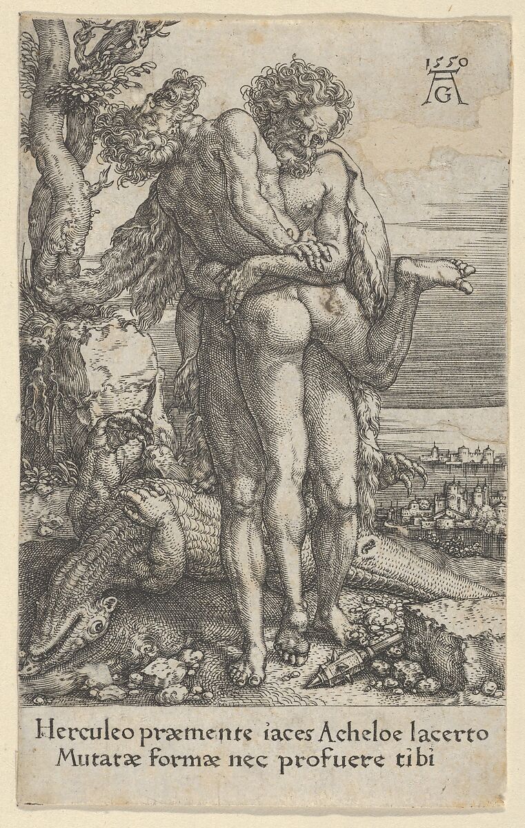Hercules Fighting the River-God Achelous, from The Labors of Hercules, Heinrich Aldegrever (German, Paderborn ca. 1502–1555/1561 Soest), Engraving 