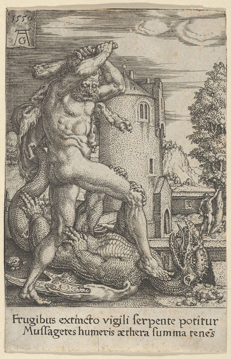 Hercules Killing the Dragon Ladon, from "The Labors of Hercules", Heinrich Aldegrever (German, Paderborn ca. 1502–1555/1561 Soest), Engraving 