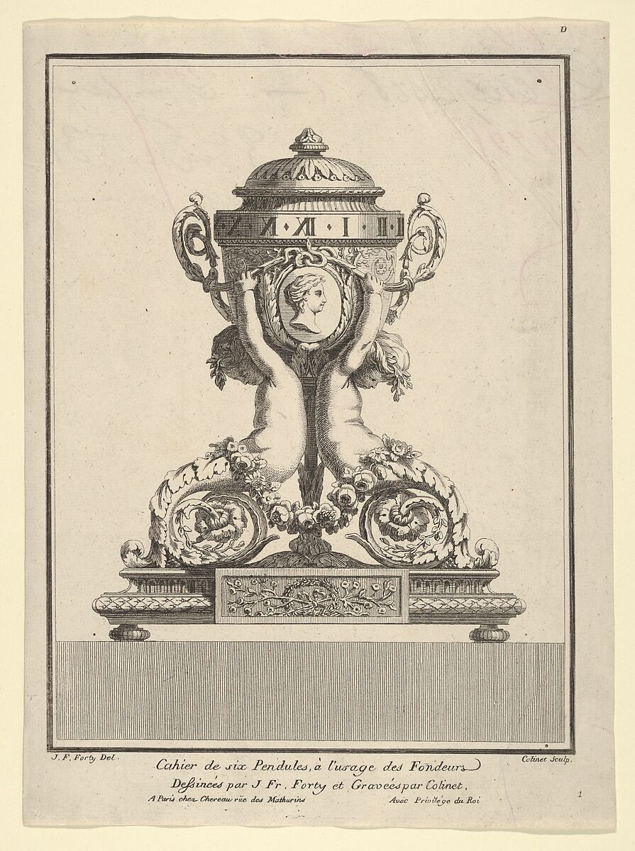 Design for a Clock, Title Page to 'Cahier de six Pendules', Jean François Forty (French, active Paris, 1775–90), Etching 