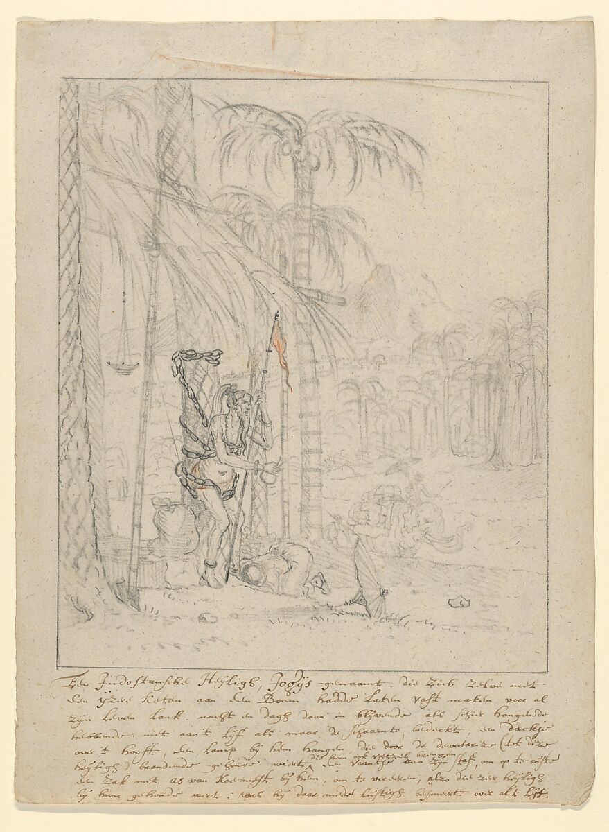 An Indian Yogi Tied to a Palm Tree, Willem Schellinks (Dutch, Amsterdam 1623–1678 Amsterdam), Black chalk, graphite, red chalk; framing line in graphite, by the artist 