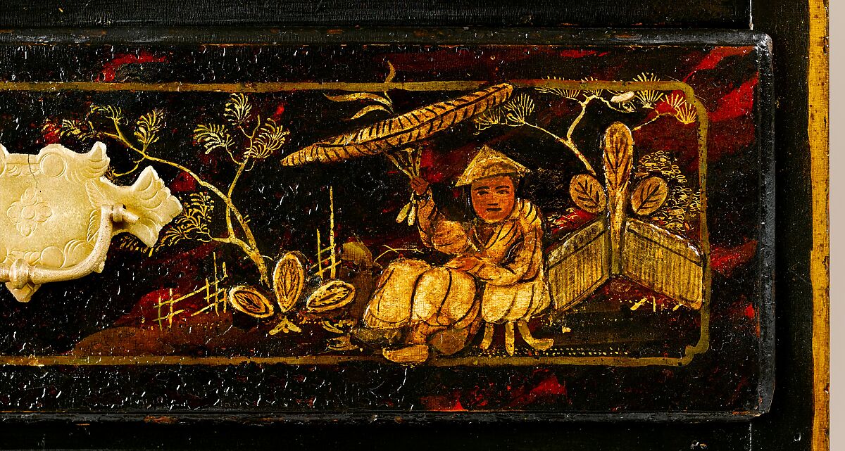 High chest of drawers, Japanned maple, japanned white pine, white pine, japanned birch; brass, American