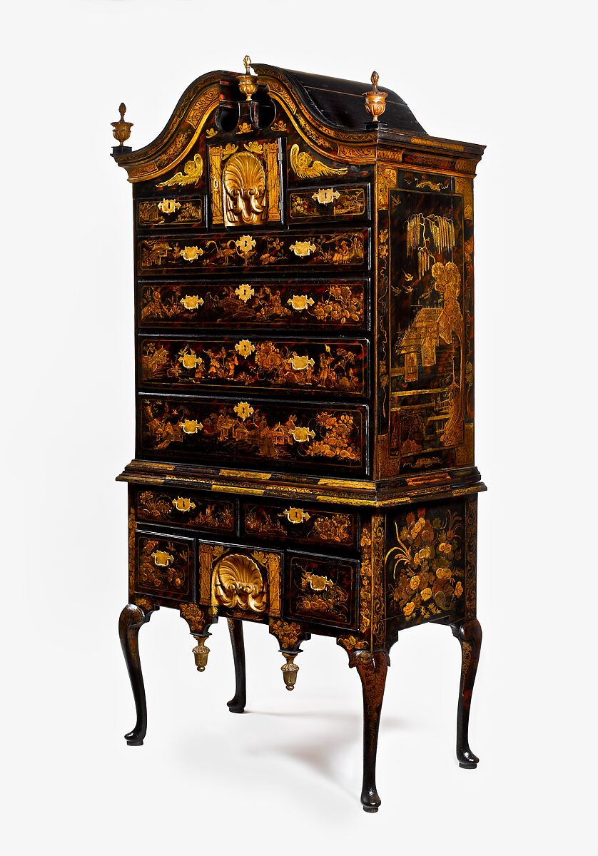 High chest of drawers, Japanned maple, japanned white pine, white pine, japanned birch; brass, American