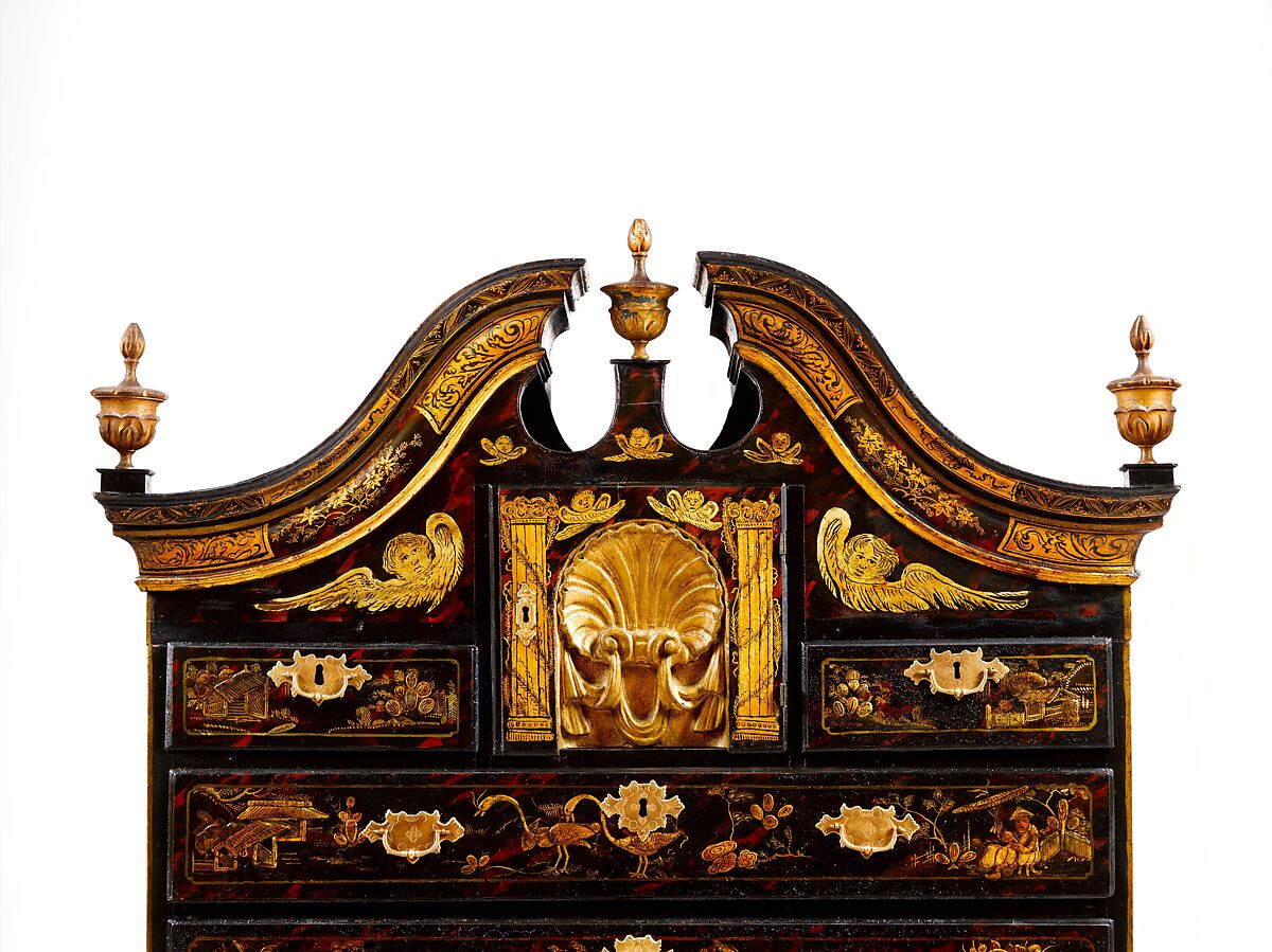 High chest of drawers, Japanned maple, japanned white pine, white pine, japanned birch; brass, American