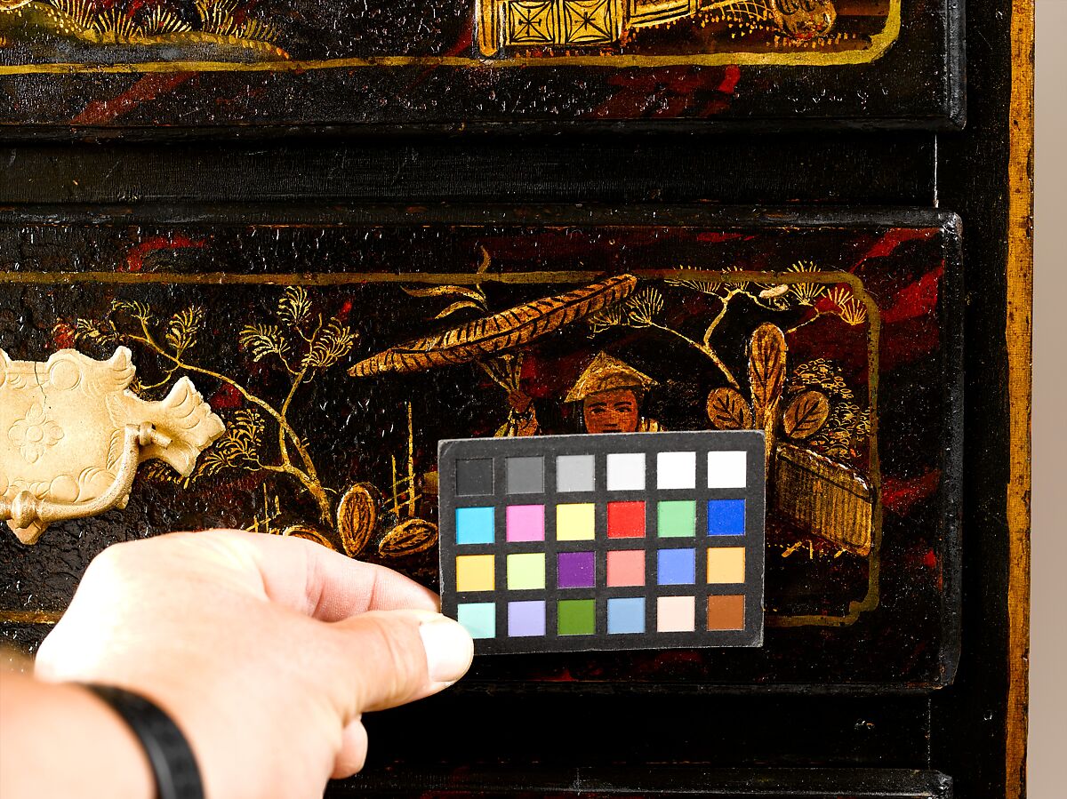 High chest of drawers, Japanned maple, japanned white pine, white pine, japanned birch; brass, American