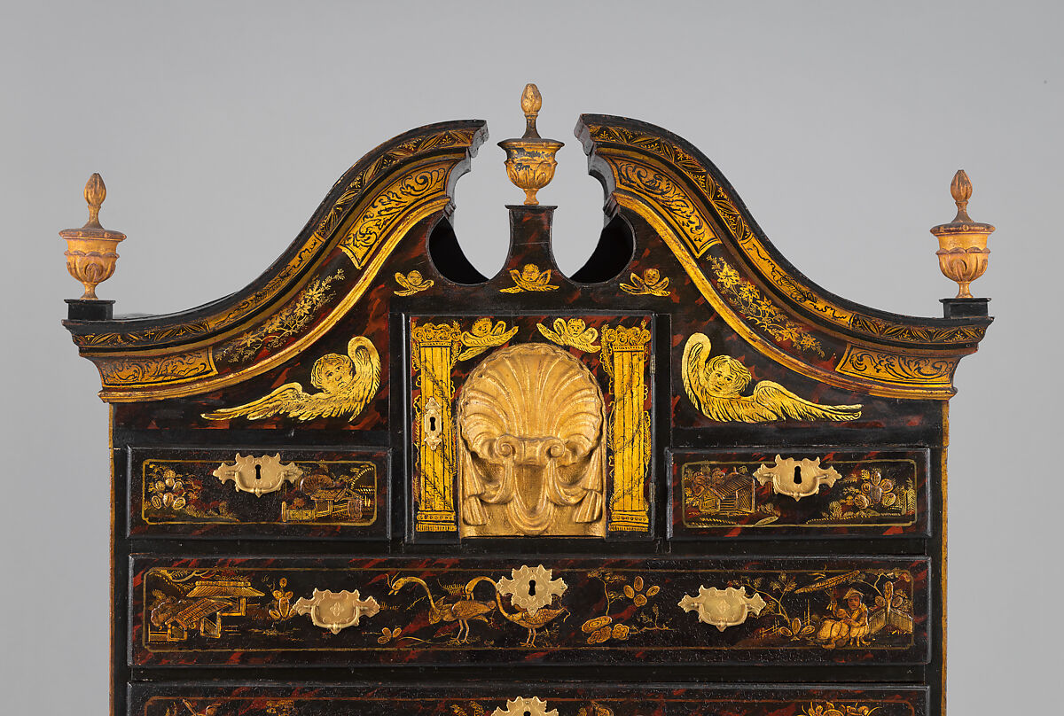 High chest of drawers, Japanned maple, japanned white pine, white pine, japanned birch; brass, American