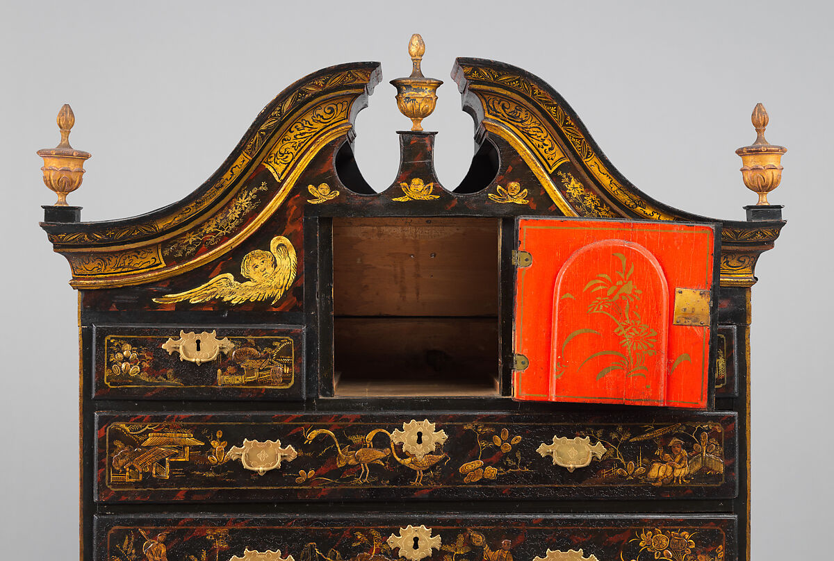 High chest of drawers, Japanned maple, japanned white pine, white pine, japanned birch; brass, American