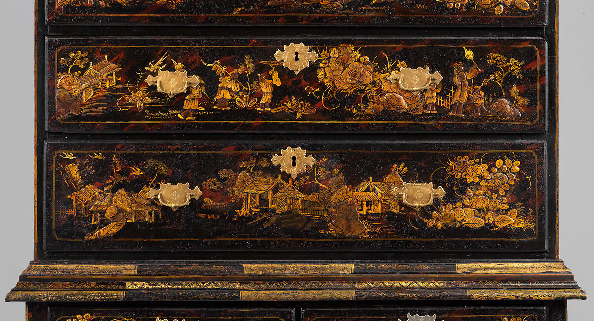 High chest of drawers, Japanned maple, japanned white pine, white pine, japanned birch; brass, American