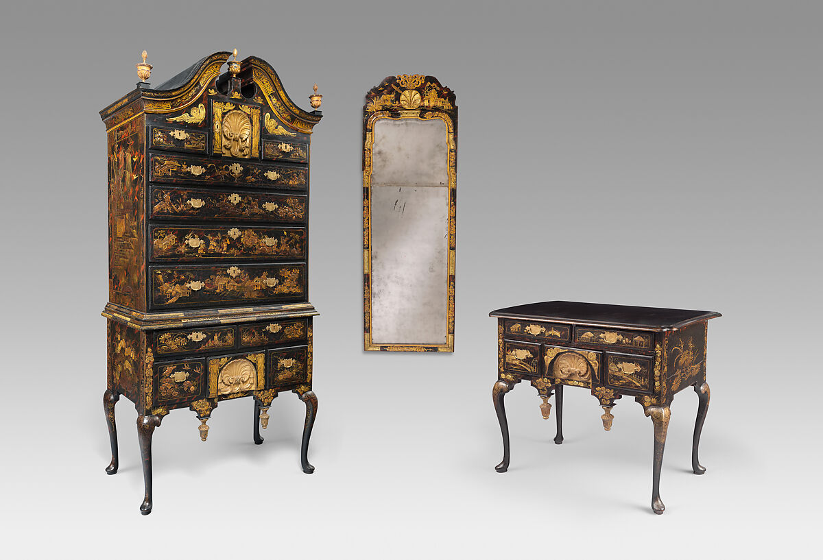 High chest of drawers, Japanned maple, japanned white pine, white pine, japanned birch; brass, American