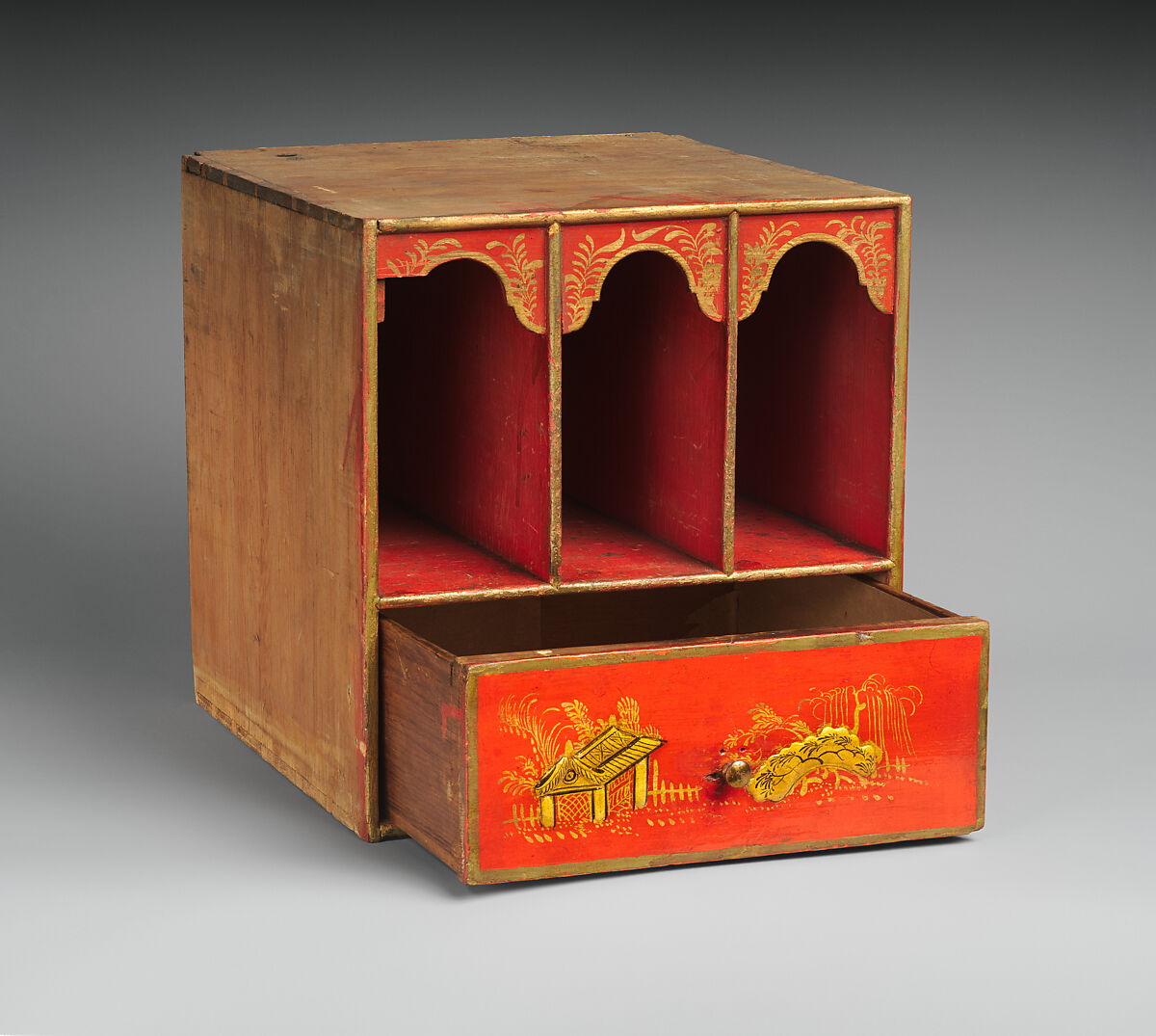 High chest of drawers, Japanned maple, japanned white pine, white pine, japanned birch; brass, American