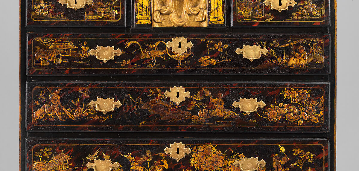 High chest of drawers, Japanned maple, japanned white pine, white pine, japanned birch; brass, American