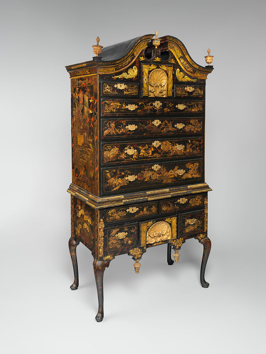 High chest of drawers, Japanned maple, japanned white pine, white pine, japanned birch; brass, American