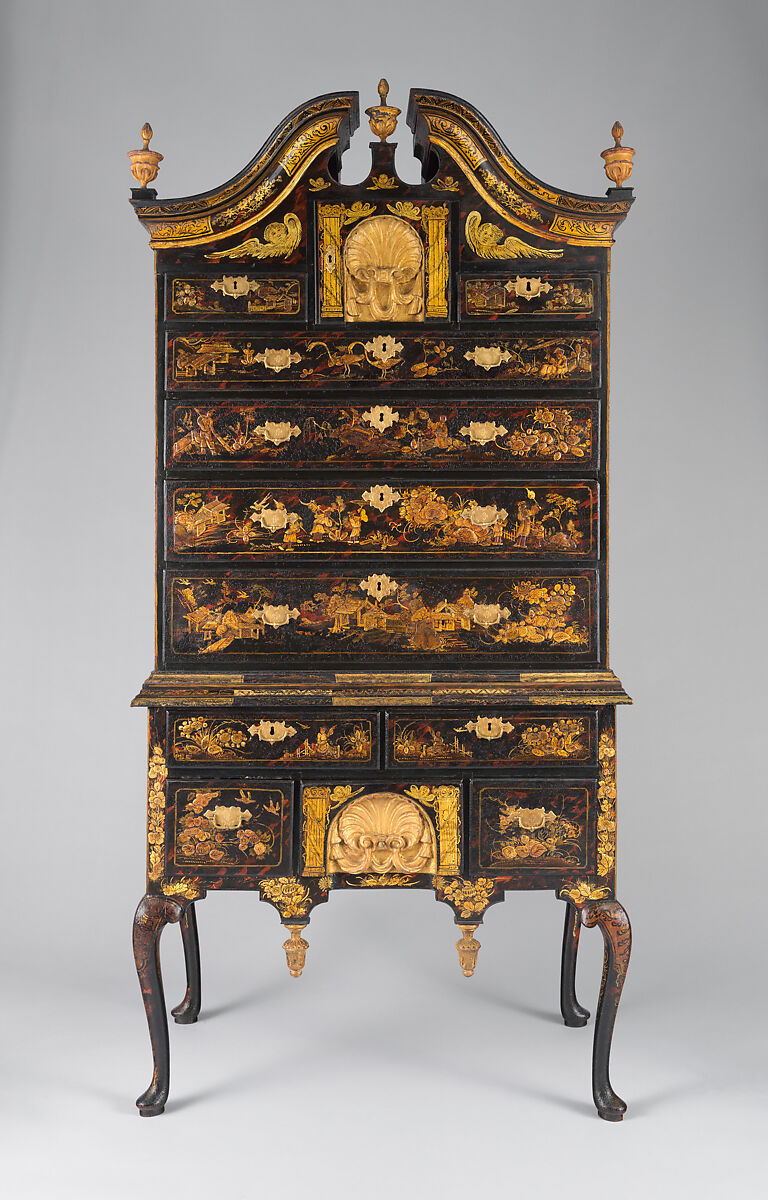 High chest of drawers, Japanned maple, japanned white pine, white pine, japanned birch; brass, American 