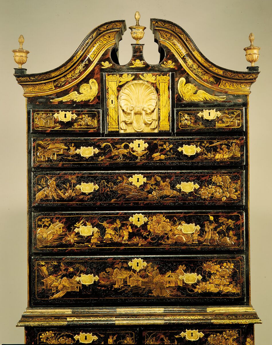 High chest of drawers, Japanned maple, japanned white pine, white pine, japanned birch; brass, American