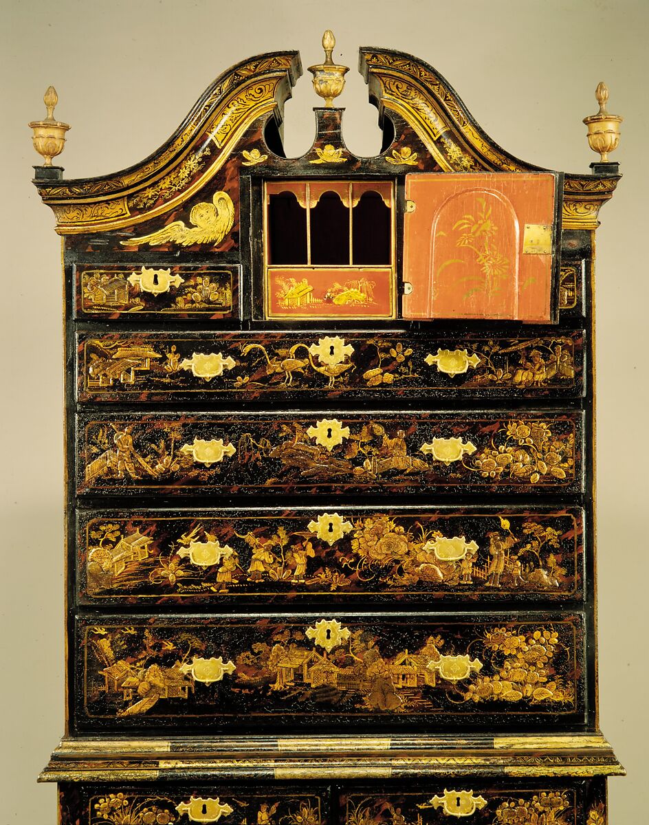 High chest of drawers, Japanned maple, japanned white pine, white pine, japanned birch; brass, American