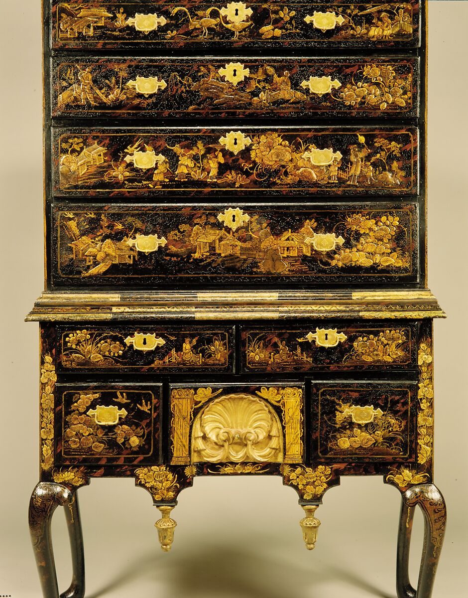 High chest of drawers, Japanned maple, japanned white pine, white pine, japanned birch; brass, American