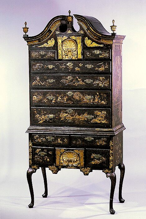 High chest of drawers, Japanned maple, japanned white pine, white pine, japanned birch; brass, American
