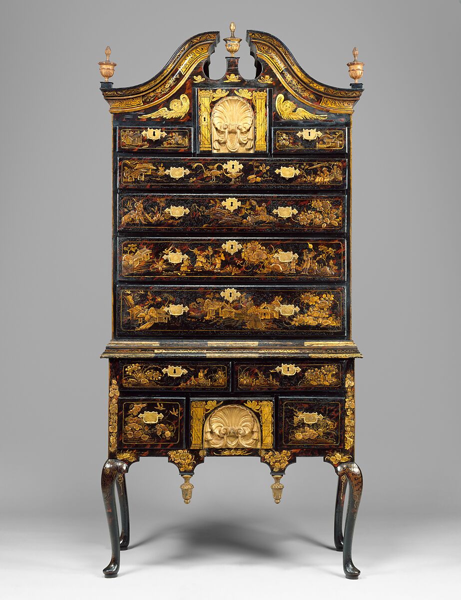 High chest of drawers, Japanned maple, japanned white pine, white pine, japanned birch; brass, American