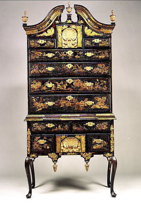 High chest of drawers, Japanned maple, japanned white pine, white pine, japanned birch; brass, American