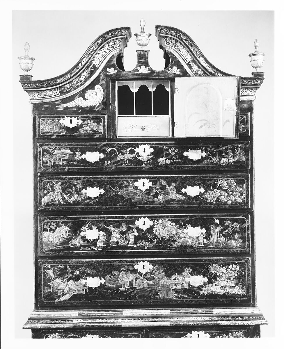 High chest of drawers, Japanned maple, japanned white pine, white pine, japanned birch; brass, American