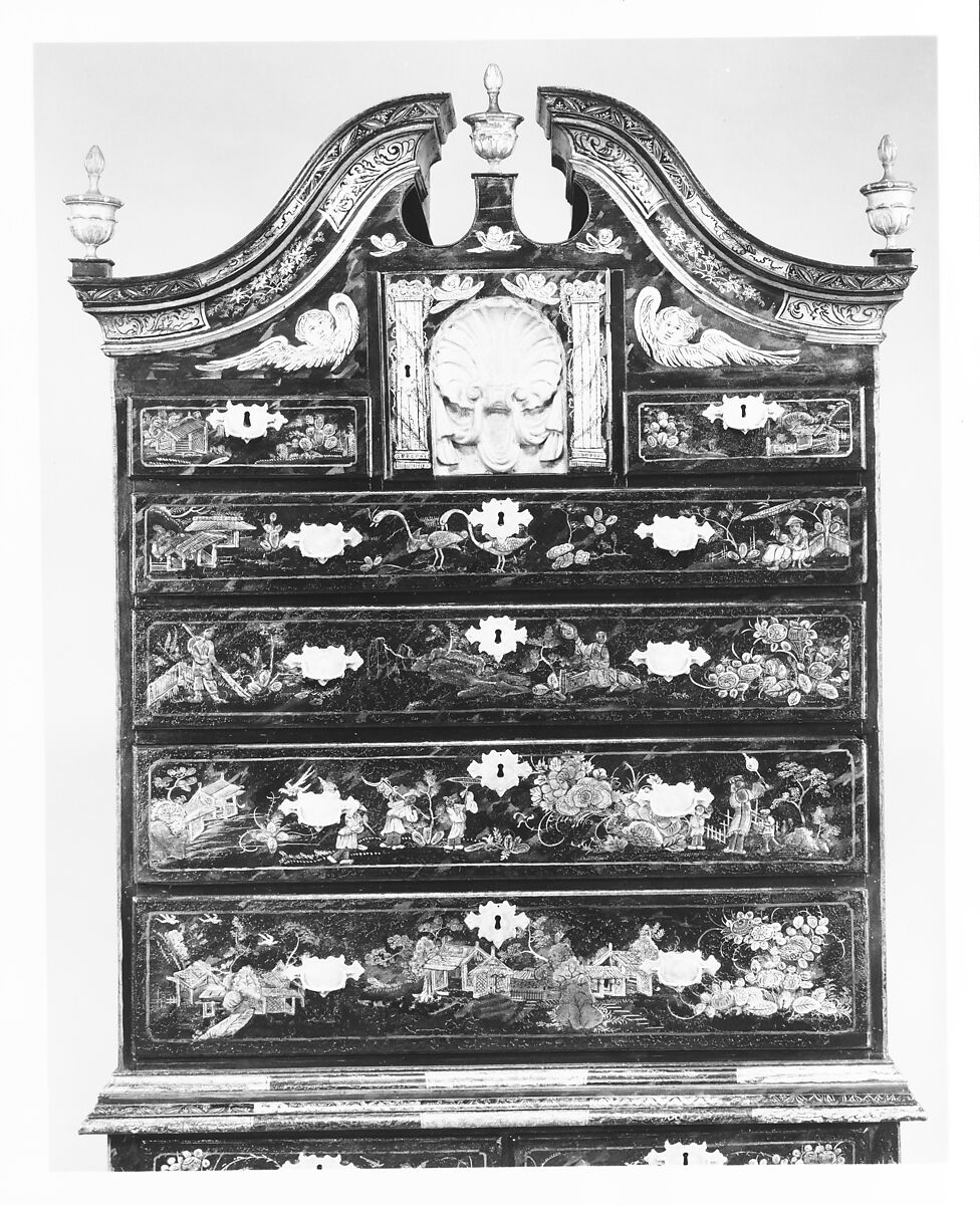 High chest of drawers, Japanned maple, japanned white pine, white pine, japanned birch; brass, American