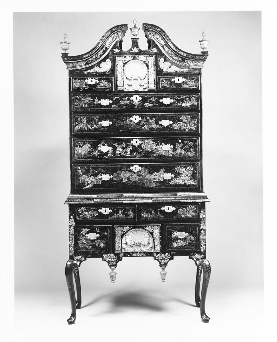 High chest of drawers, Japanned maple, japanned white pine, white pine, japanned birch; brass, American