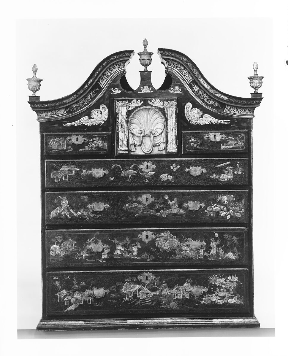 High chest of drawers, Japanned maple, japanned white pine, white pine, japanned birch; brass, American