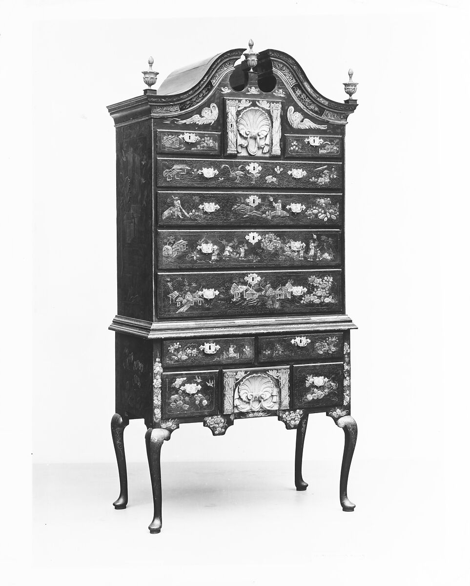 High chest of drawers, Japanned maple, japanned white pine, white pine, japanned birch; brass, American