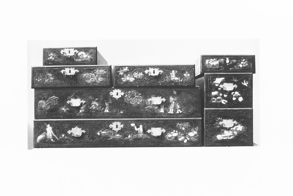 High chest of drawers, Japanned maple, japanned white pine, white pine, japanned birch; brass, American