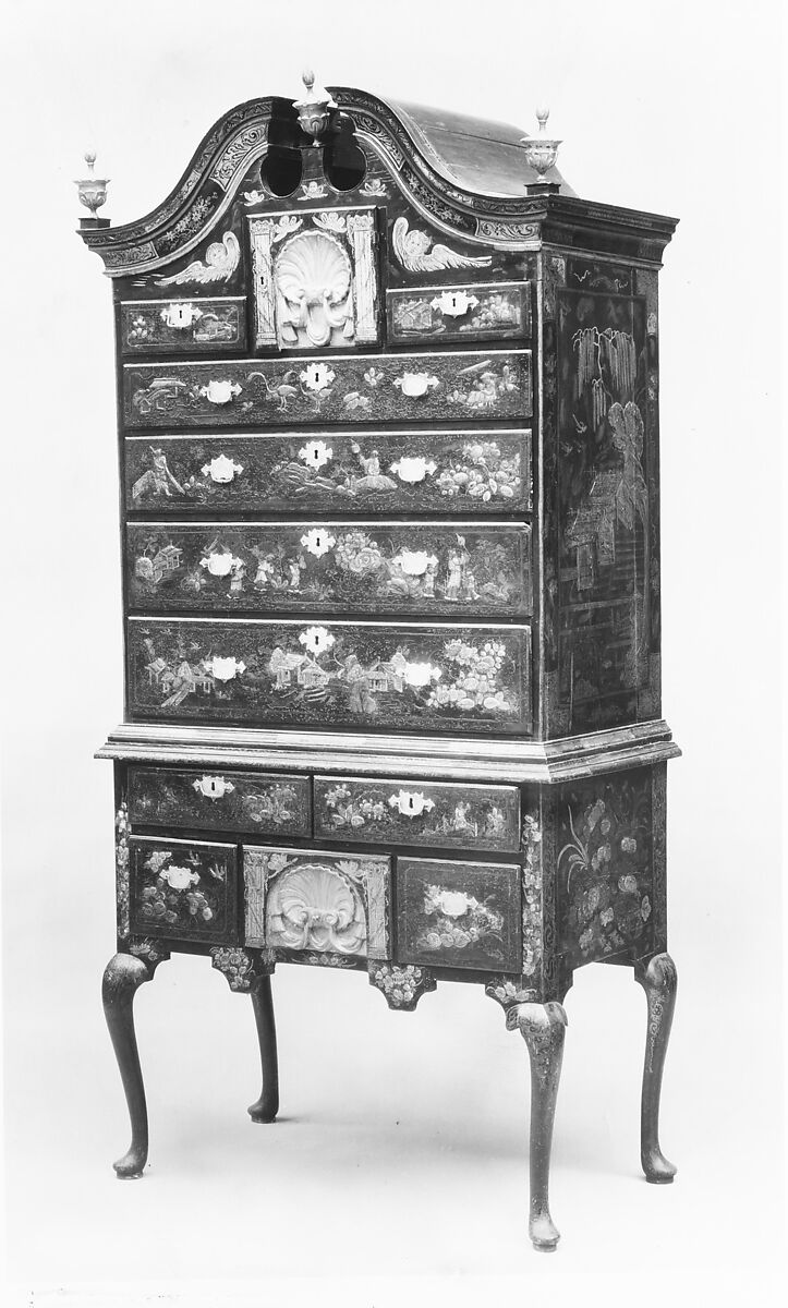 High chest of drawers, Japanned maple, japanned white pine, white pine, japanned birch; brass, American