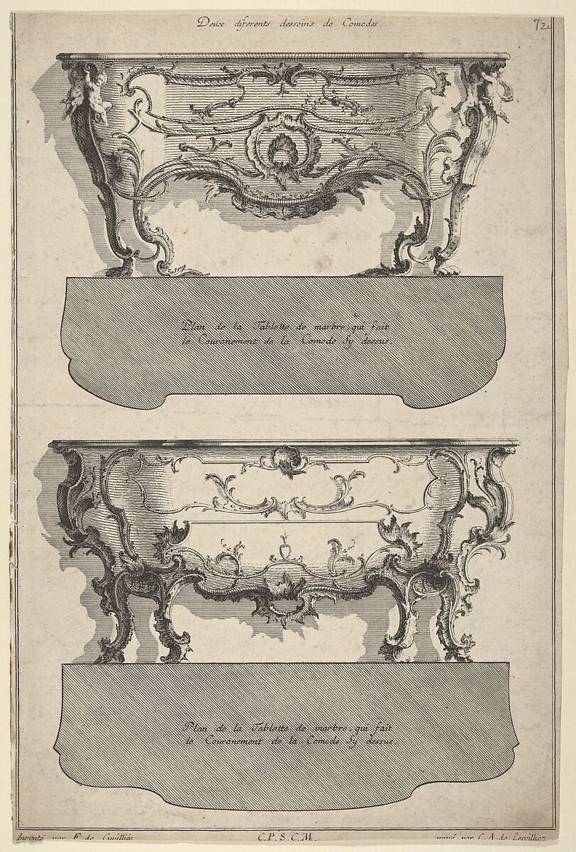 Designs for Two Commodes , from 'Livre de differents dessein de Comodes', Jean François Cuvilliés the Elder (German (born Belgian), Soignies 1695–1768 Munich), Etching 