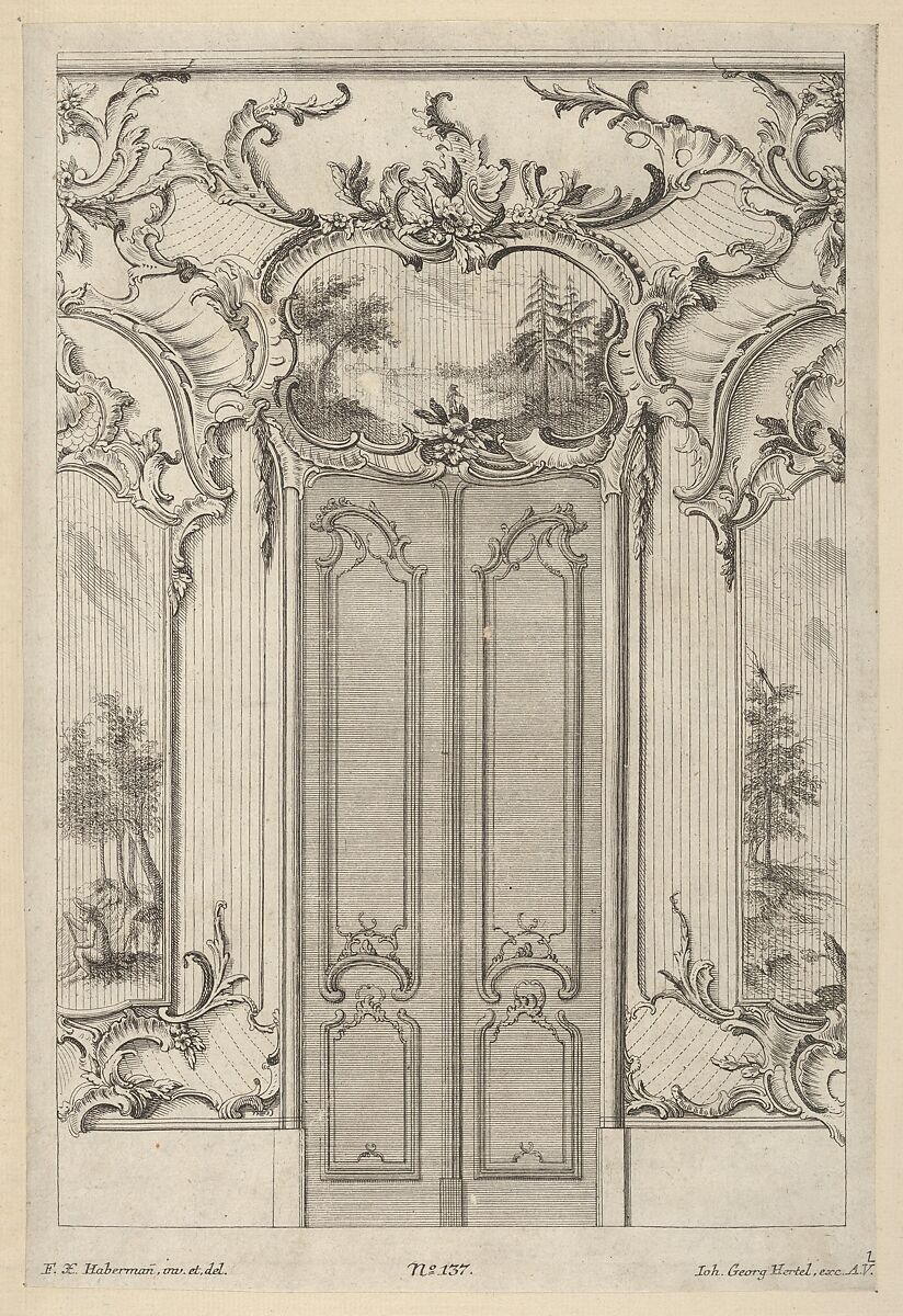 Wall Elevation with a Double Door, from 'Wandfüllungen', Franz Xavier Habermann (German, Habelschwerdt, Glatz 1721–1796 Augsburg), Etching 