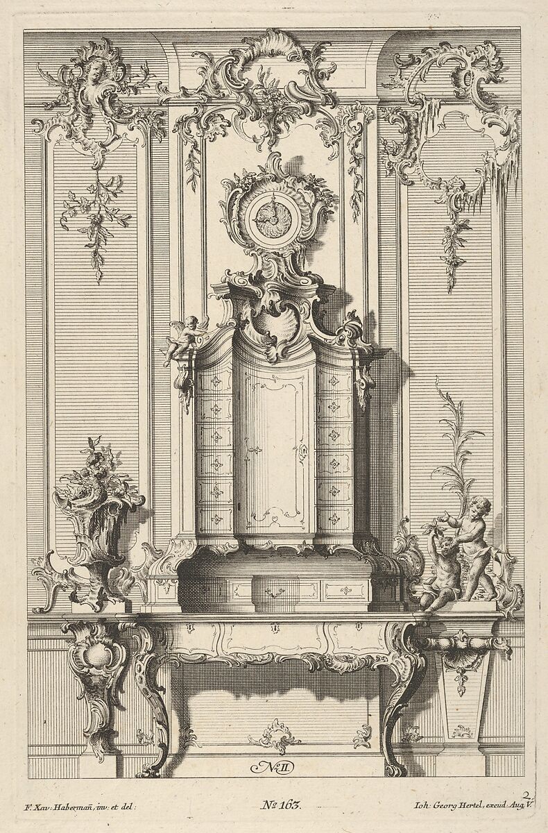 Wall Elevation with a Secretaire, from 'Schreibtische', Franz Xavier Habermann (German, Habelschwerdt, Glatz 1721–1796 Augsburg), Etching 