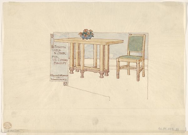 Folding Table and Chair for Mr Edward Bradley, George Mann Niedecken (American, Milwaukee 1878–1945), pen and ink and watercolors on tracing paper 