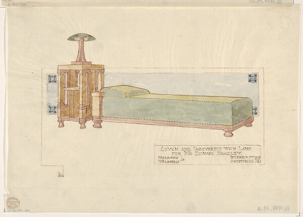 Couch and Tabourette with Lamp for Mr Edward Bradley, George Mann Niedecken (American, Milwaukee 1878–1945), pen and ink and watercolors on tracing paper 