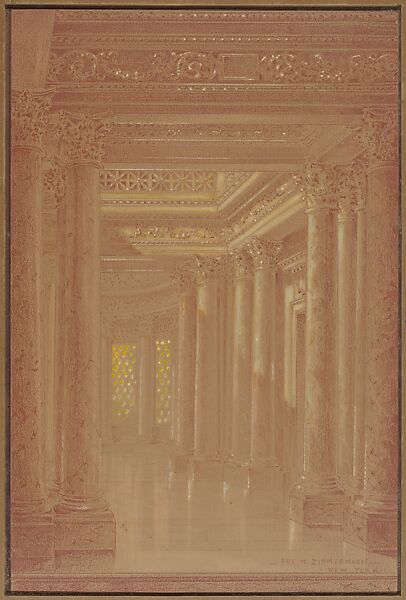 Design for a Hall Way with Corinthian Pillars, Frank M. Zimmerman (American, active New York, late 19th and early 20th century), Reddish-brown crayon, heightened with white and combined with yellow and white gouache 