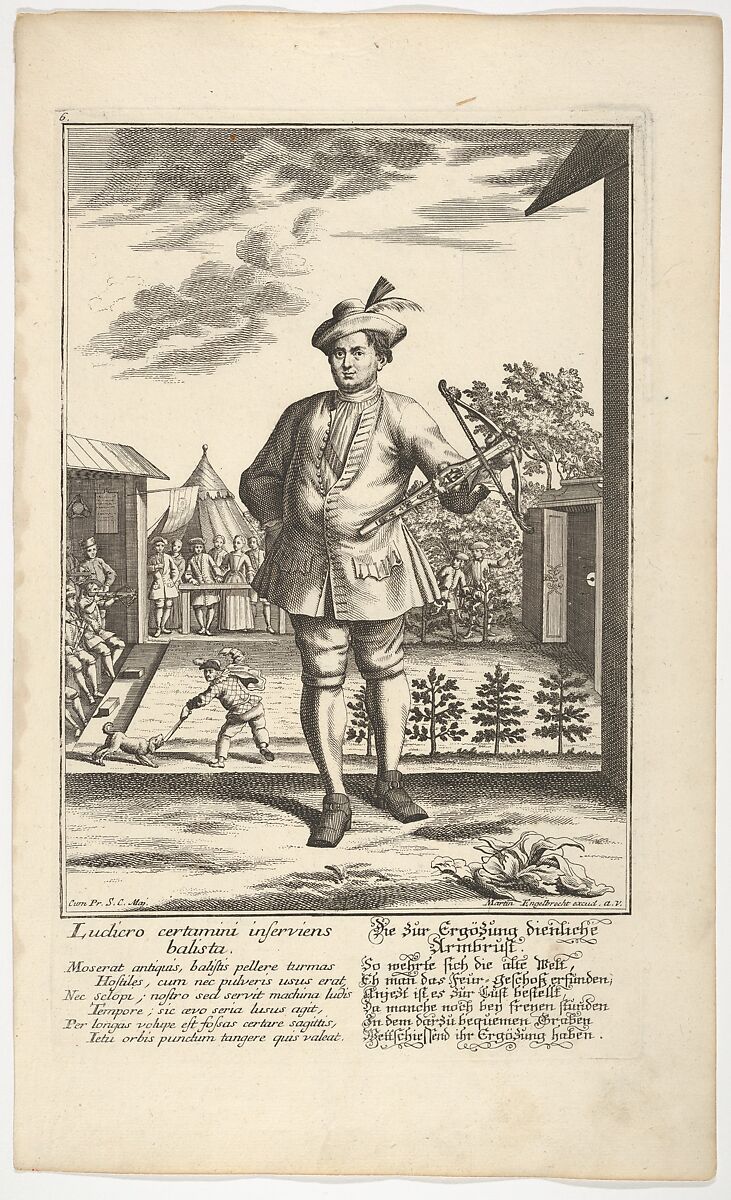 Man Holding a Crossbow, Martin Engelbrecht (German, Augsburg 1684–1756 Augsburg), Etching 