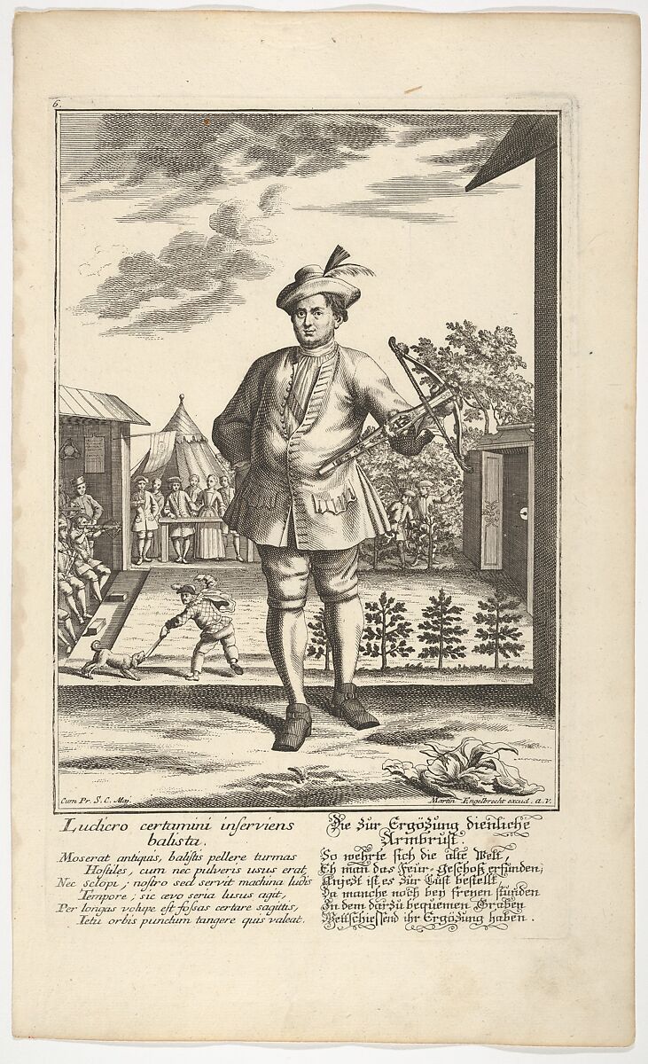 Man Holding a Crossbow, Martin Engelbrecht  German, Etching