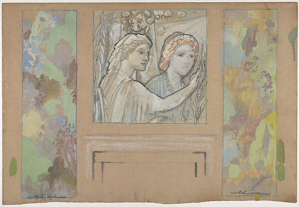 Design for an Overdoor Painting and Two Wall Panels, Arthur B. Davies (American, Utica, New York 1862–1928 Florence), Black and white crayon, gouache 