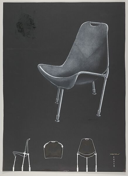 Design for a Fiberglass Reinforced Plastic Chair, for 'There's a Science to Seating' in the Journal 'Modern Plastics', Robert Gruen (American, 1913–1999), graphite, white pencil and white gouache 