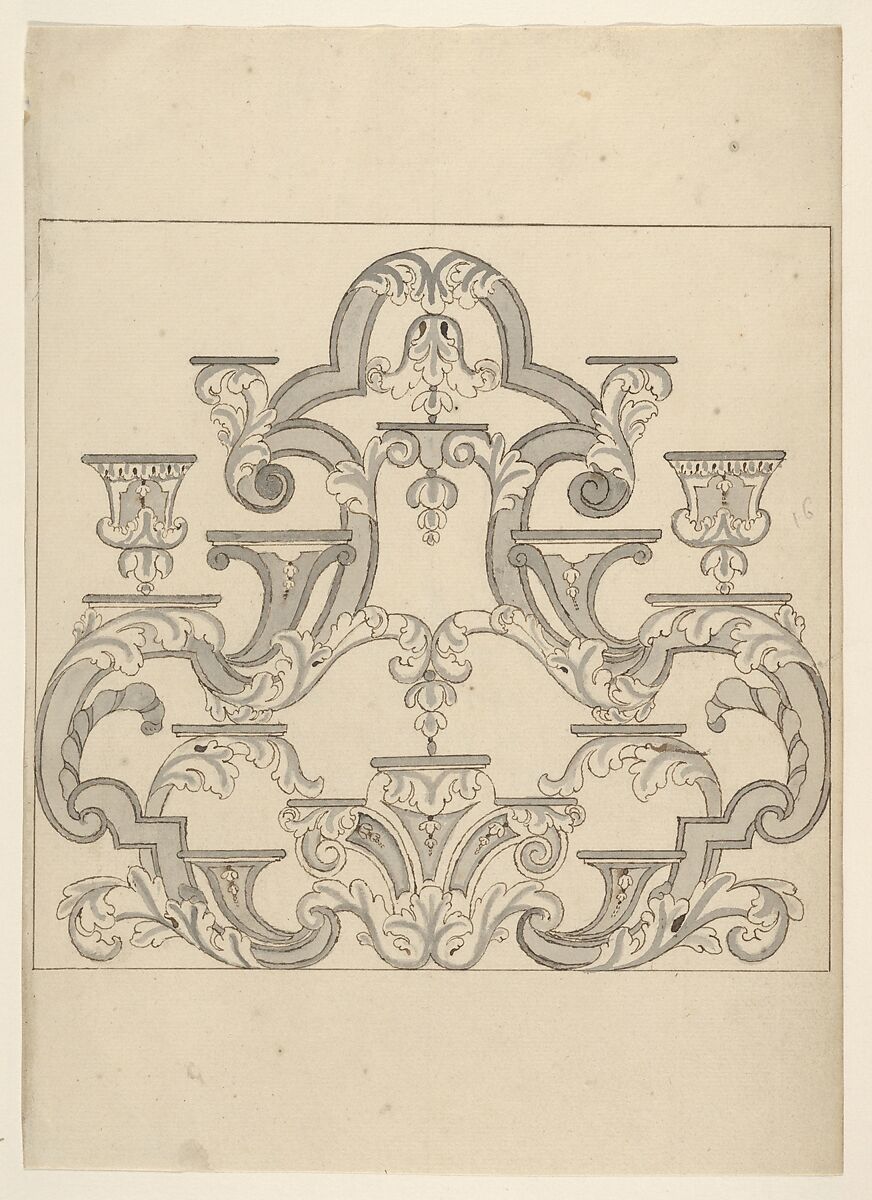 Design for a Shelf System to Display Porcelain, Anonymous, 18th century, Pen and black ink, gray wash. 