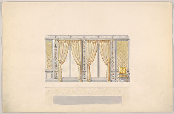 Design for a Wall Elevation with Two Window Bays and a Chair (Second Floor), Mewès and Davis (active London and Paris, from 1900), Watercolor over graphite 