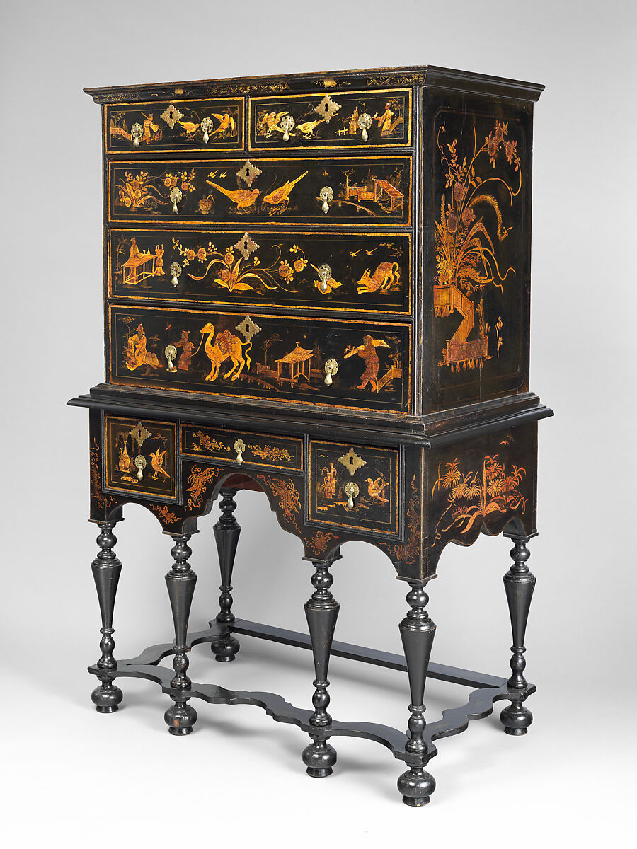 High chest of drawers, Japanned soft maple, poplar, white pine, American