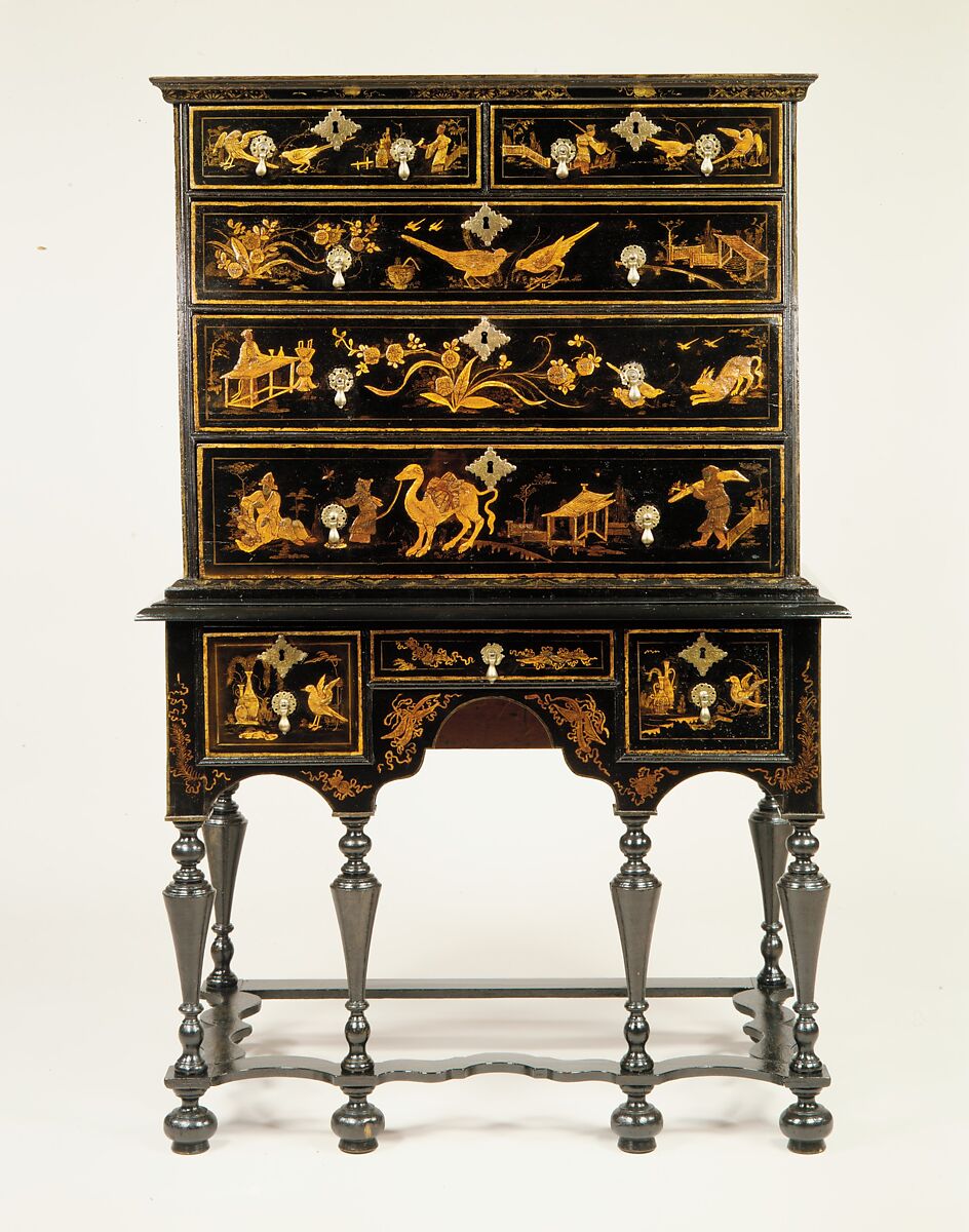 High chest of drawers, Japanned soft maple, poplar, white pine, American