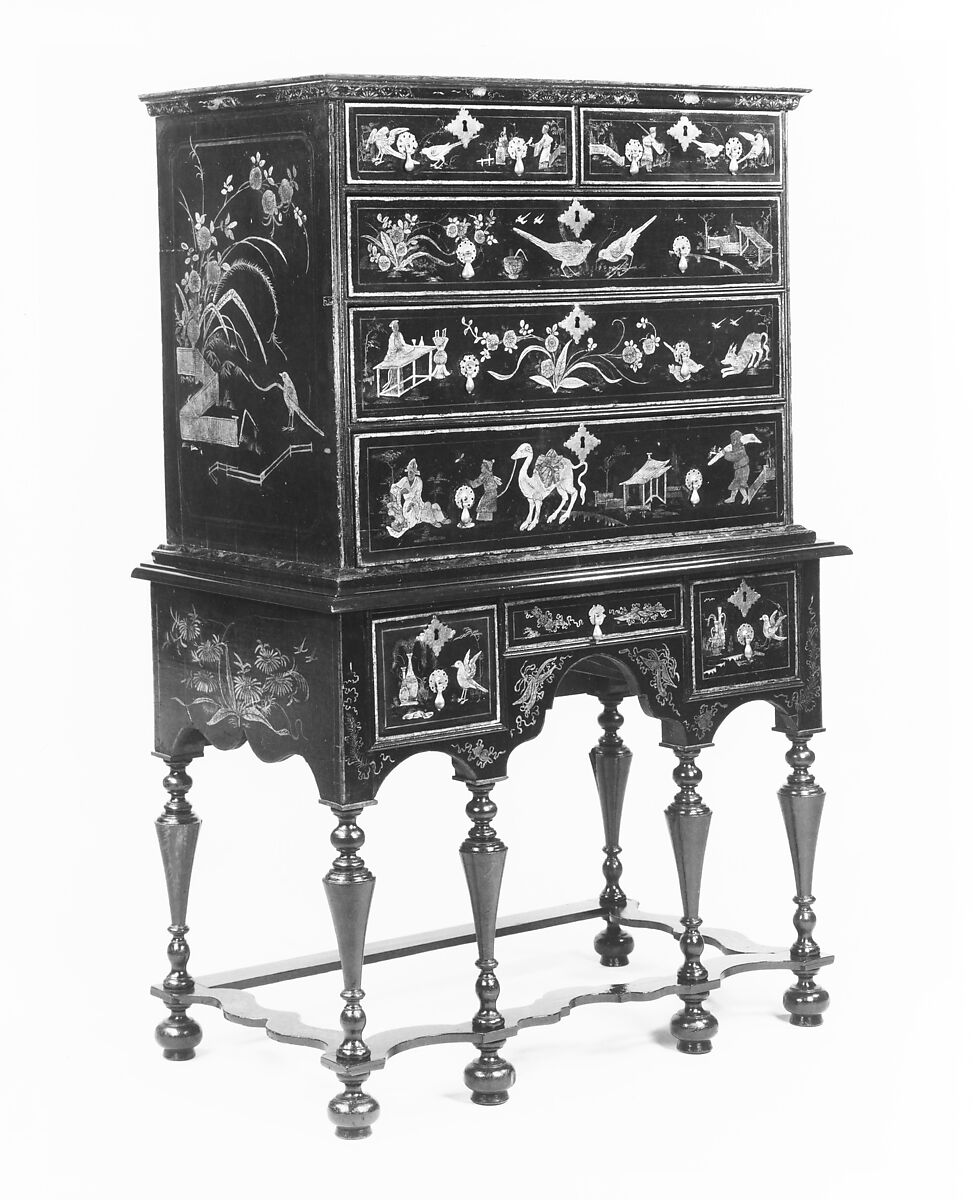 High chest of drawers, Japanned soft maple, poplar, white pine, American