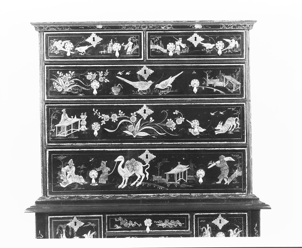 High chest of drawers, Japanned soft maple, poplar, white pine, American