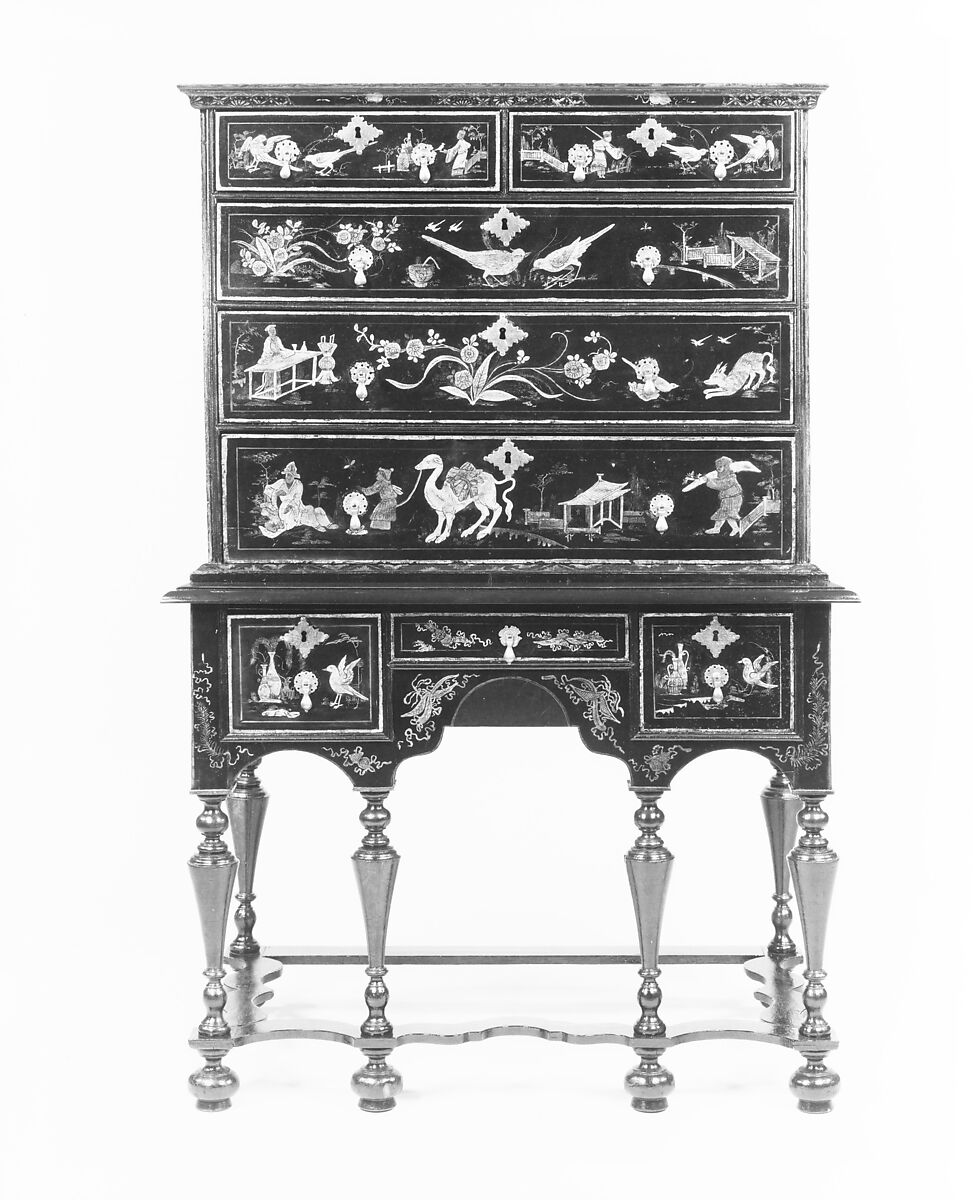 High chest of drawers, Japanned soft maple, poplar, white pine, American