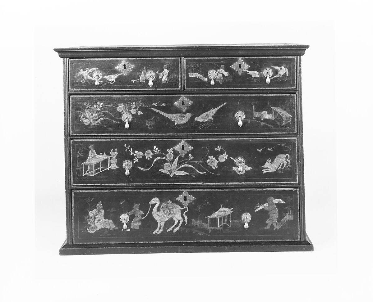 High chest of drawers, Japanned soft maple, poplar, white pine, American