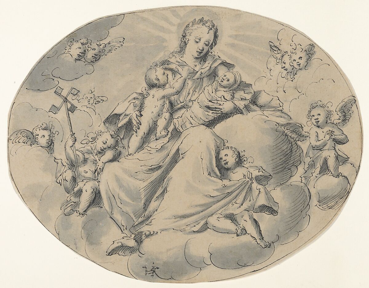 A Personification of Charity Seated on a Cloud, Surrounded by Putti, Monogrammist HSK (German, active ca. 1590–1600), Pen and black ink, brush and gray ink; oval framing line in pen and black ink
